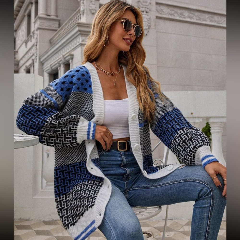 Letter & Polka Dot Pattern Drop Shoulder Cardigan